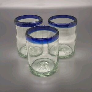 Blue Rim Mexican Glasses Hand Blown Old Fashioned Rocks (Set Of 3)
